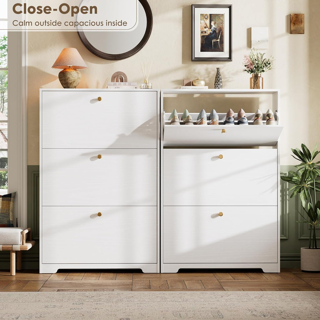 Shoe Cabinet with 3 Flip Drawers, Narrow Shoe Organizer Cabinet, Freestanding Shoe Rack Cabinet, Modern Shoe Storage