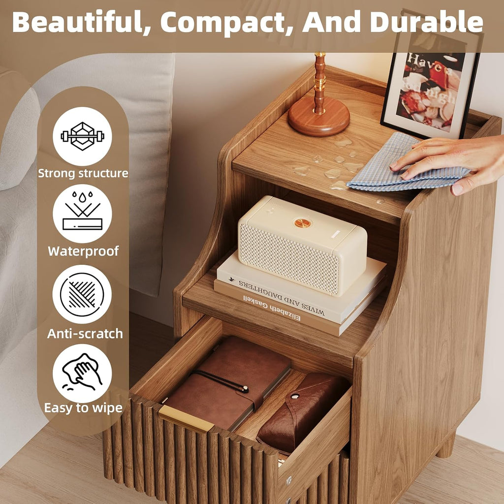 11.8" Narrow Fluted Nightstand Set of 2,Slim Side End Table with 2 Drawers,Mid-Century Modern Bedside Table,Skinny