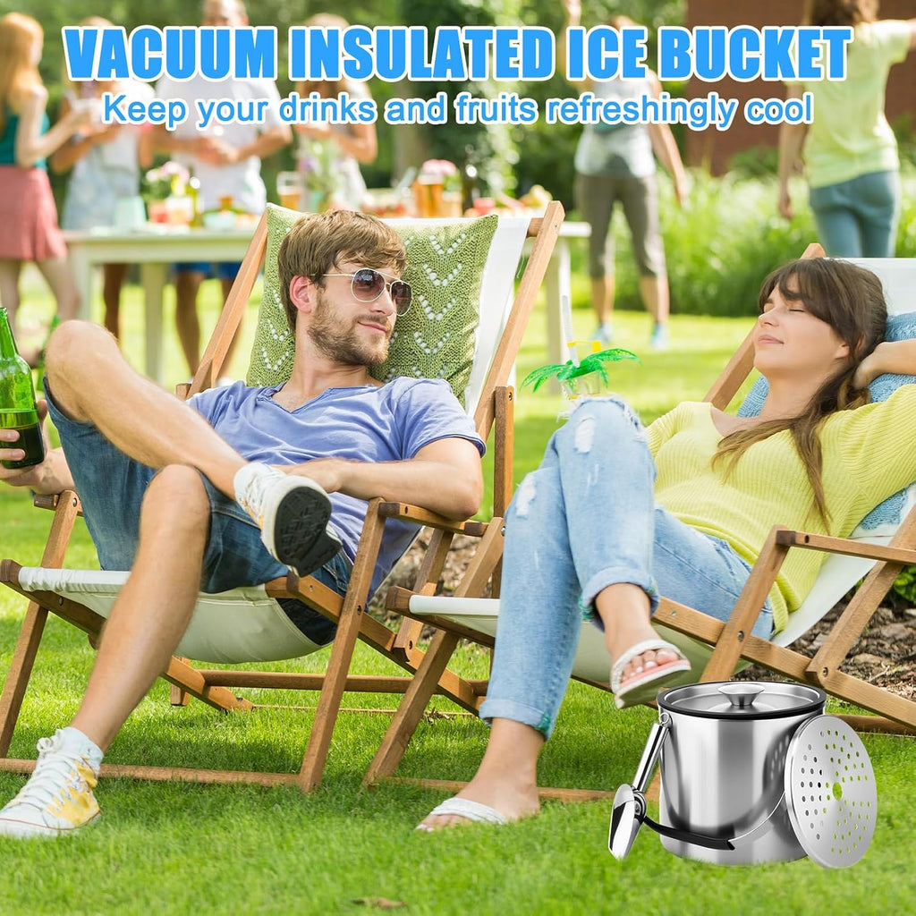 4 L Double Wall Insulated Ice Bucket with Lid, Scoop, Strainer, Handle Large Stainless Steel Wine Ice Bucket Upgraded