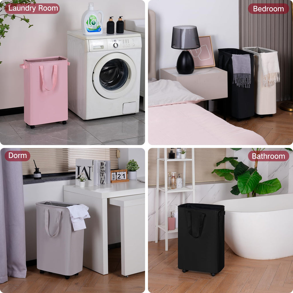 Slim Laundry Hamper with Wheels, Rolling Laundry Basket for Clothes, Small Laundry Basket and Laundry Room, 60L Beige