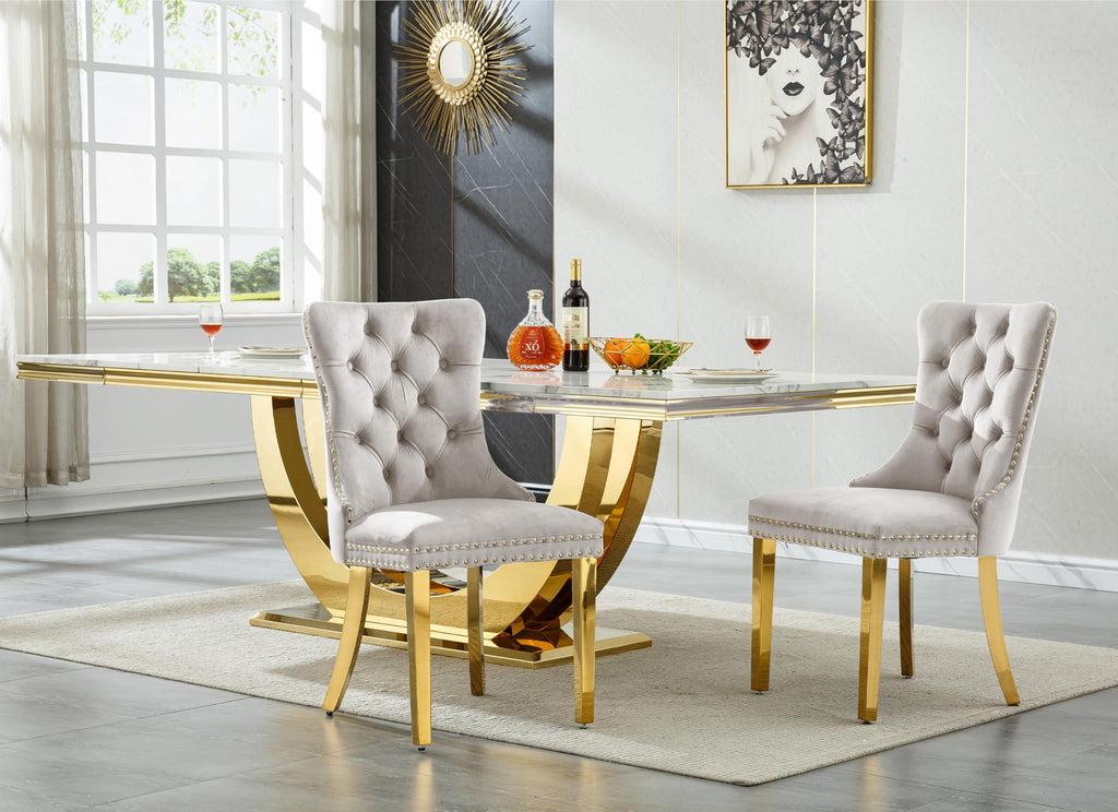 94.5" Large Marble Dining Table Set for 8, Luxury White Gold Kitchen Table with 8 Beige Velvet Dining Chairs, Modern