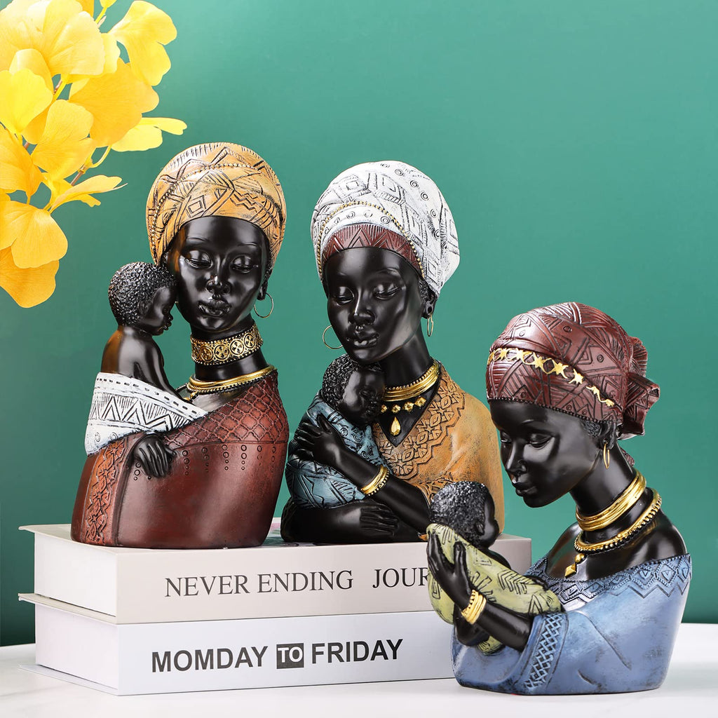 African Art Mother and Child Figurine - Black Woman Bust Statue Decor - Resin Sculpture Accent, Desktop