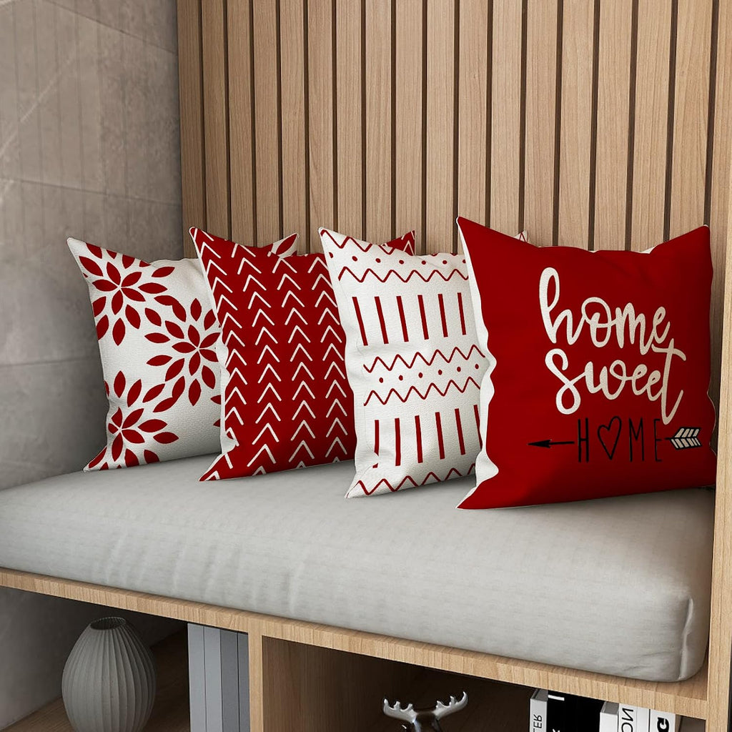 Christmas Red Linen Pillow Covers 18x18, Home Sweet Home Farmhouse Throw Pillow Covers, Holiday Decorative - Set of 4