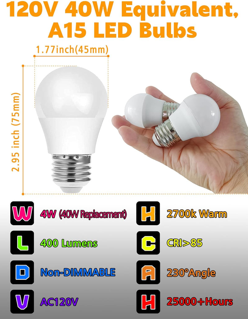 E26 LED Appliance Bulb 40W Equivalent, 120V A15 Ceiling Fan Bulbs Warm