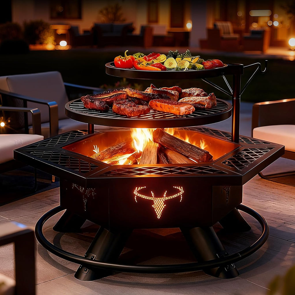 Fire Pit with BBQ, Outdoor Fire Pit for Wood Burning, Patio Firepits for Outside with Grill