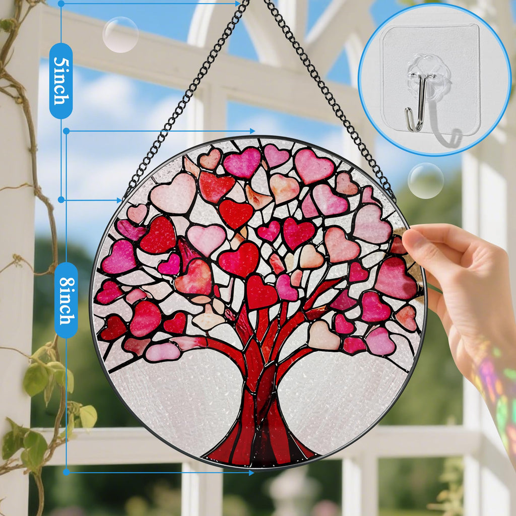 Stained Glass Window Hanging - 8 Inch Love Heart Tree Suncatcher, Sun Catchers Indoor Window | Valentine's Day