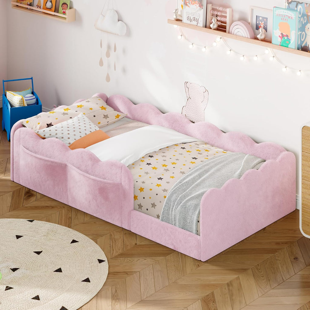 Upholstered Floor Bed with Guardrail, Montessori Kids Bed Frame with Round Fence, Pink
