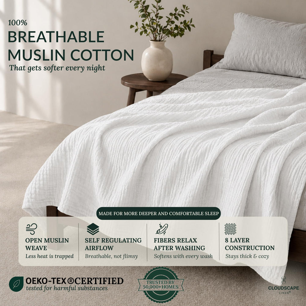 8 Layer Muslin Blanket 92"x92", 100% Cotton - White