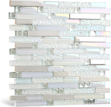 Glass Metal Tile Iridescent White Glass Silver Mirror Stainless Steel Blends Interlocking Strip Wall TSTNB01 (Pack of