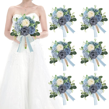 Set of 6 Bridesmaid Bouquets for Wedding - Artificial Bouquets for Bridesmaids Flowers Silk Floral Ceremony