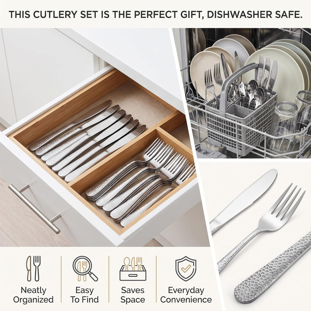 100 Pieces Hammered Silverware Set Stainless Steel Forks and Knives Dinner Flatware Set Tableware Cutlery for Butter