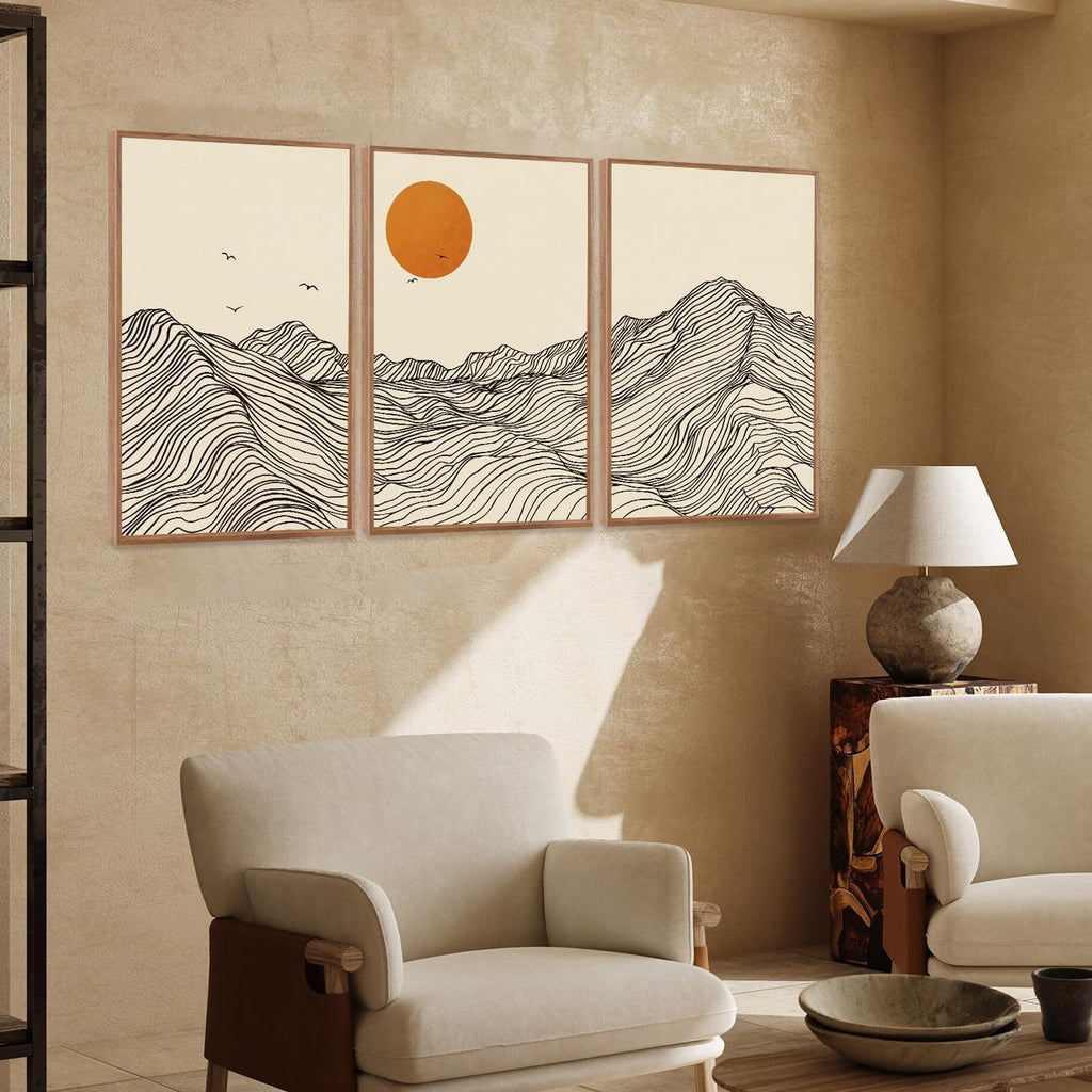 Abstract Wave Line Mountain Framed Canvas Wall Art, Boho Sun Wall Decor, Minimalist Beige Artwork -24"x36"x3