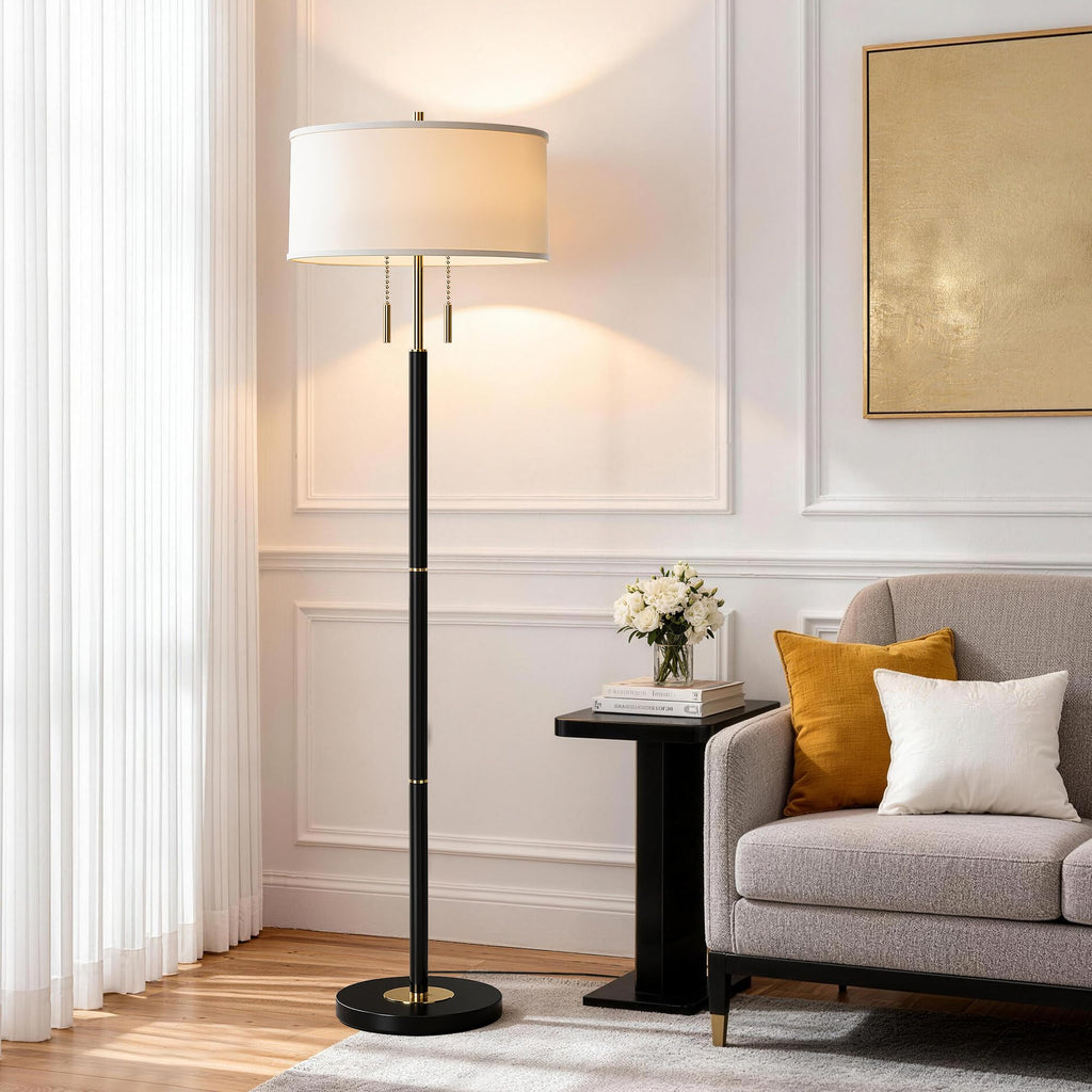 2-Light Mid Century Modern Floor Lamp, Standing Lamp with Fabric Shade and Pull Chain Switch, Tall Floor Lamp Corner