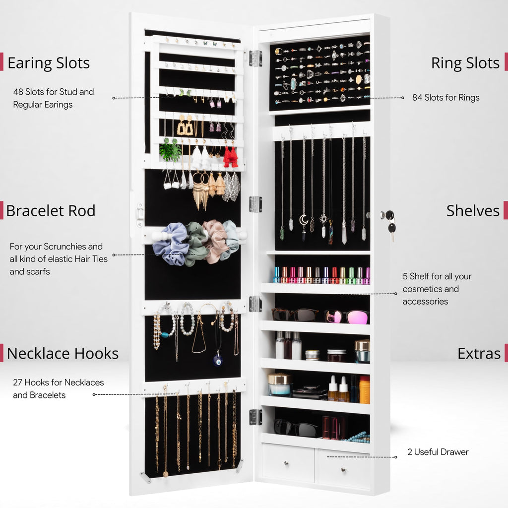 LED Light Jewelry Cabinet Armoire with Mirror, Large Storage 57" Tall Mirrored Armoire Box Necklace Ring 27 Hook
