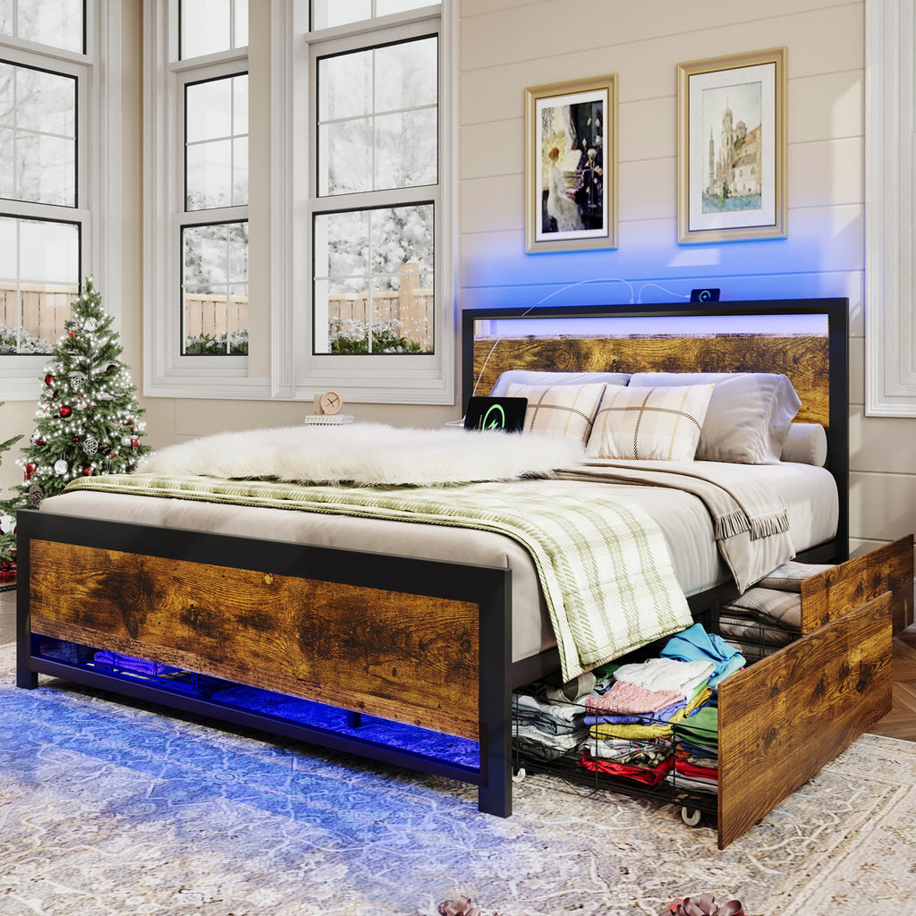 Farmhouse Bed Frame with Storage and 4 Drawers, Rustic Led Bed Frame with Headboard and Charging Station