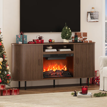 63" Fluted Fireplace TV Stand with 23" Electric Fireplace, Walnut