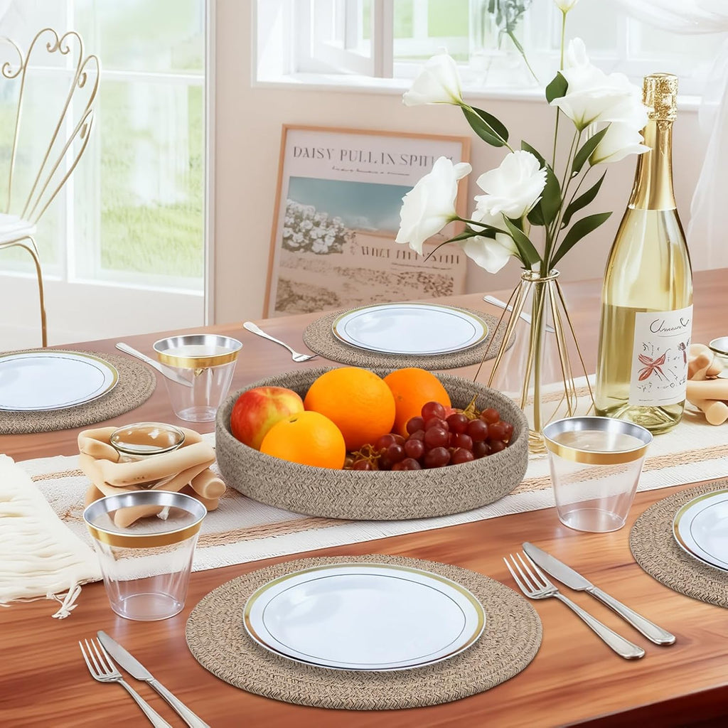 Round Placemats with Holder, Cotton Rope Woven Place Mats, Hot Pads, Heat Resistant Table Mats, 13 Inch - Set of 6