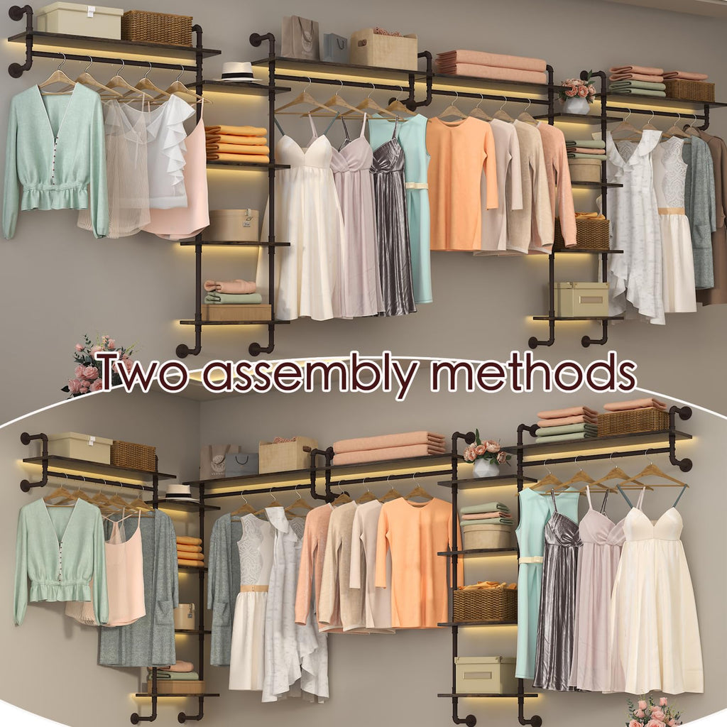 5-Tiers 74inch Large Rustic Industrial Pipe Floating Shelving, Wall Mounted Heavy Duty Clothes Rack with Double