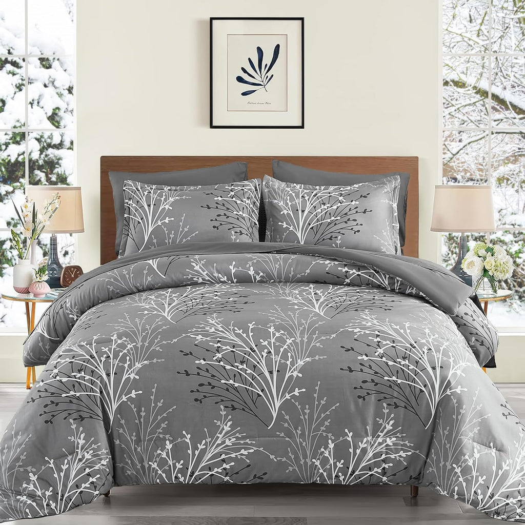 DJY Gray Comforter Set Queen Branch Botanical Bed in a Bag 7 Piece Grey Floral Comforter