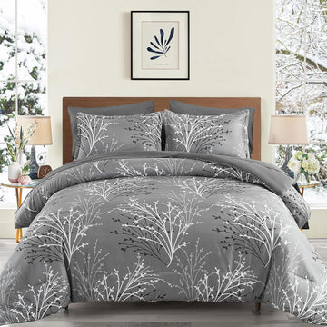 DJY Gray Comforter Set Queen Branch Botanical Bed in a Bag 7 Piece Grey Floral Comforter