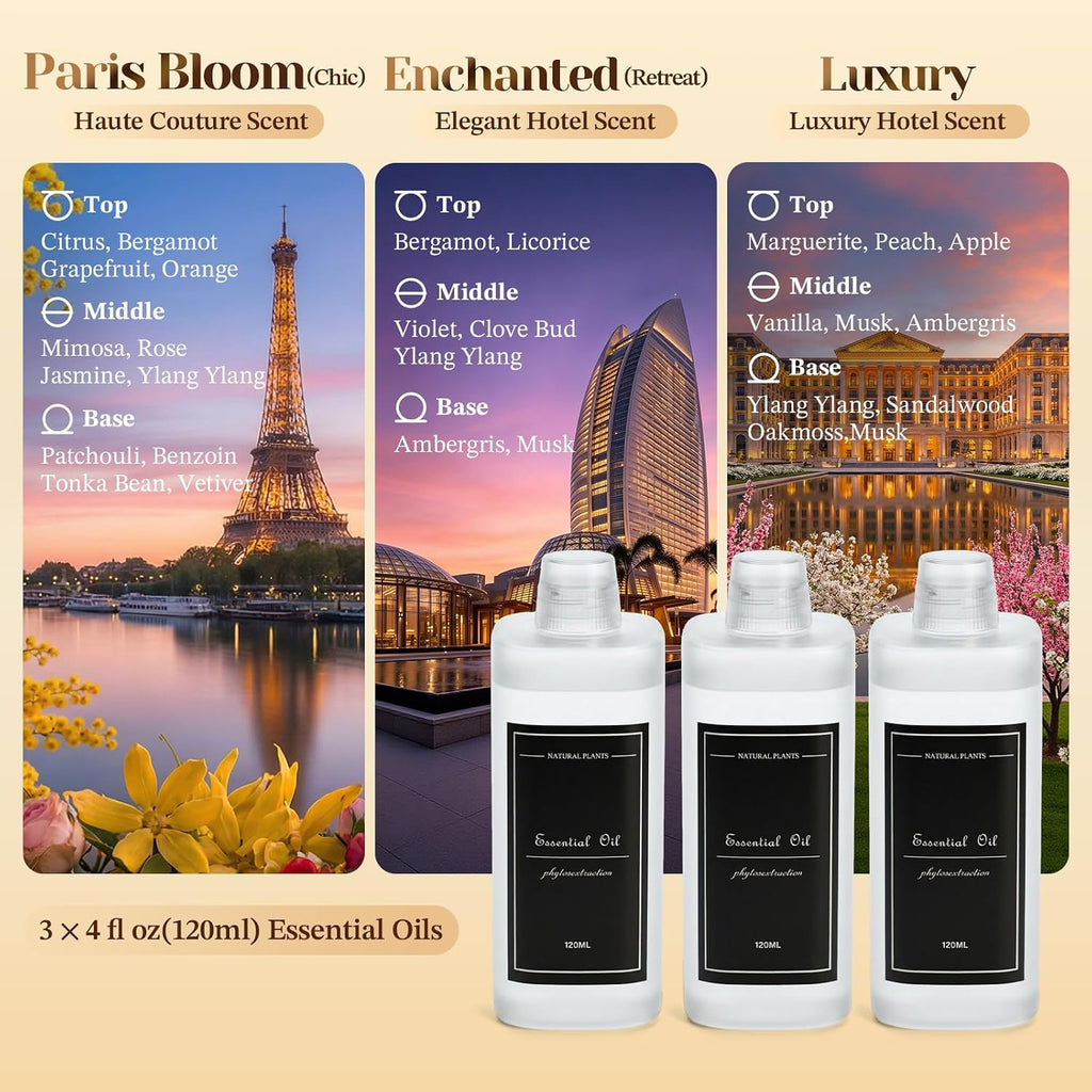 3x120ml Essential Oil for Diffusers M60 (Chic+Retreat+Luxury) | Diffuser Oil Refill, Plant-Based & Alcohol-Free