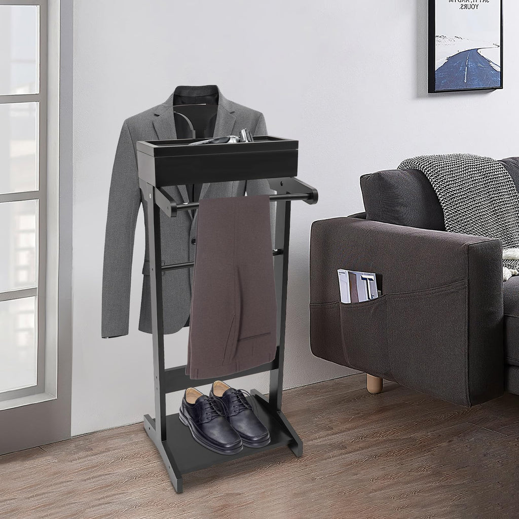 Wood Mens Valet Stand With Shoe Shelf, Coat Hanger and Hat Rack - Freestanding Suit Stand and Clothes Butler With
