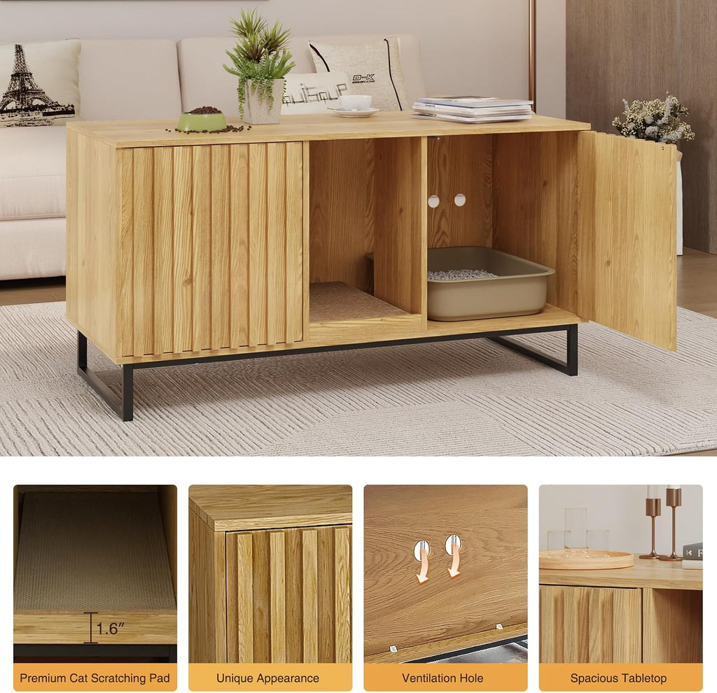 Cat Litter Box Enclosure for 2 Cats, 47.6'' Litter Box Furniture Hidden with Scratch Pad, Double Room Large Cat