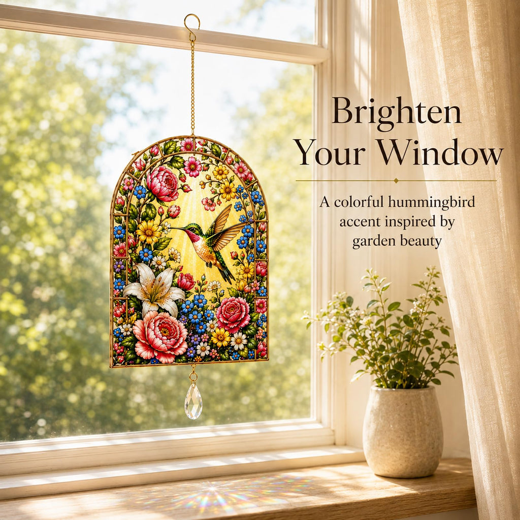 Hummingbird Suncatcher for Windows, Double Sided Tempered Glass Window Hanging, Floral Bird Stained Glass Style Sun