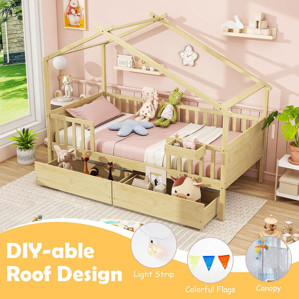 Tw Bed with Drawers, Wooden Bed Frame with Cube Storage & Fence Rails, Montessori Beds for Kids Boys, Girls