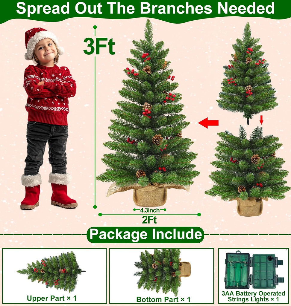 Timer 3 ft Artificial Mini Christmas Tree, Tabletop Small Christmas Trees