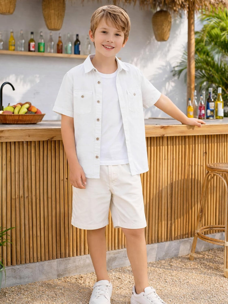 Boys Button Down Shirt Short Sleeve Linen Feel Casual Dress Shirt