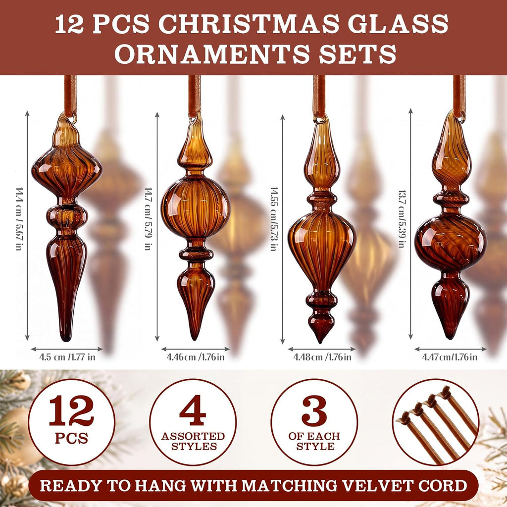 Vintage Glass Finial Christmas Ornaments, Dark Brown - Set of 12