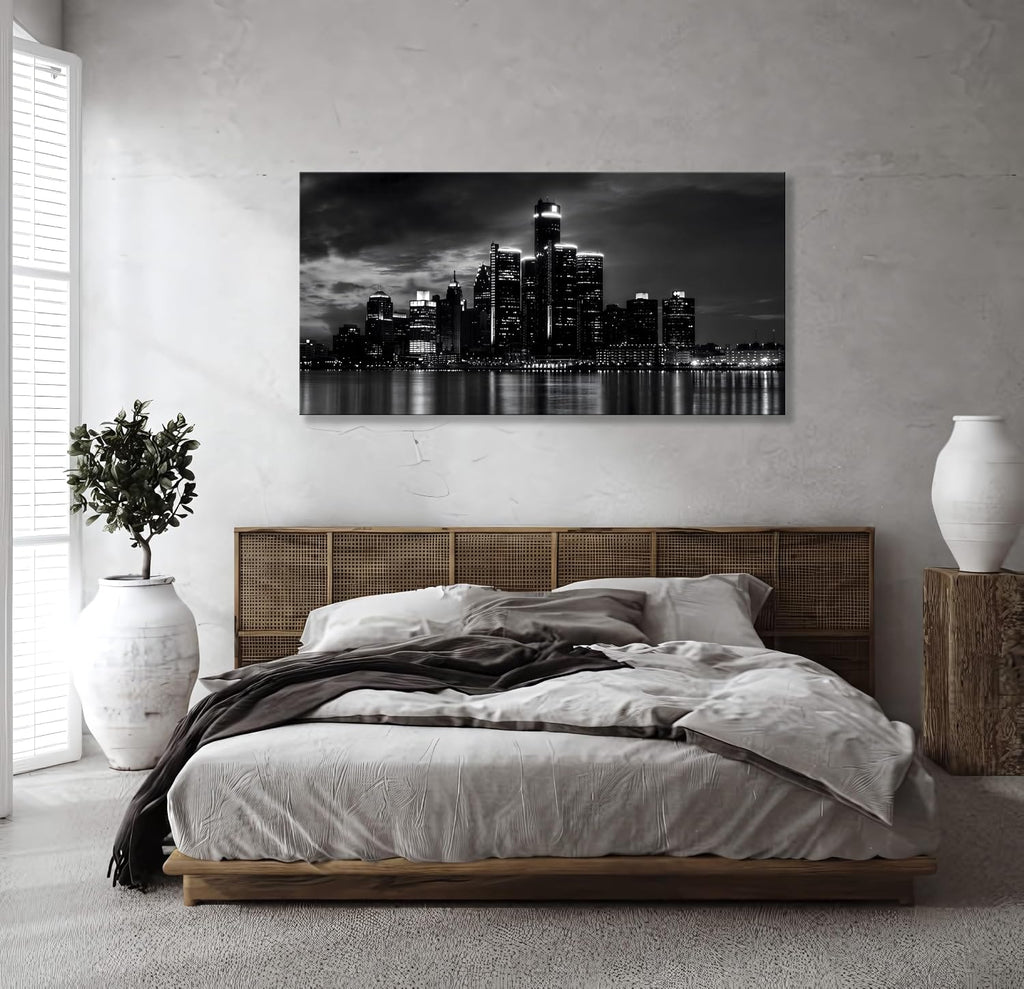 Detroit Skyline Canvas Wall Art Cityscape Night Scene Black & White City Art Print on Canvas Modern Giclee Framed