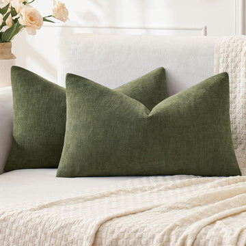 Olive Green Chenille Couch Lumbar Throw Pillow Covers, 12x20