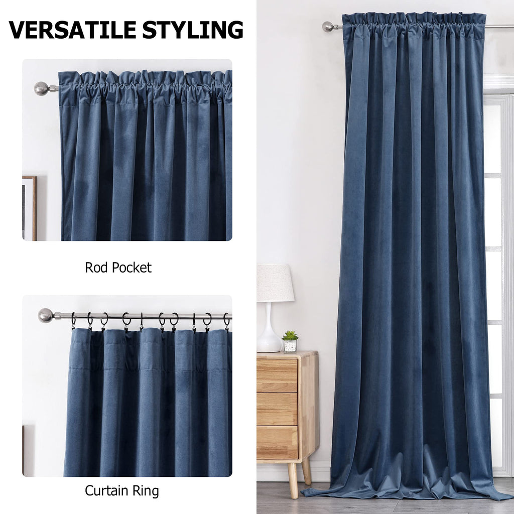 Ocean Blue Velvet Blackout Curtains 52x108, 2 Panels