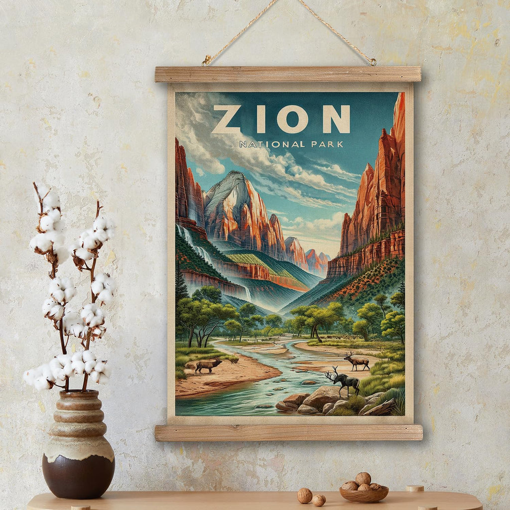 Zion National Park Wall Art, Vintage Utah Landscape Travel Poster