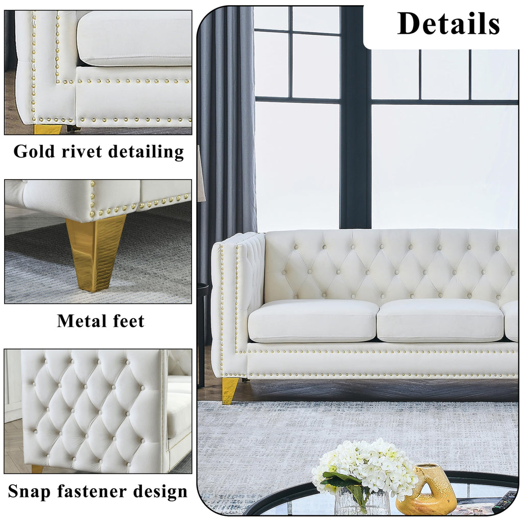80.5" 2 Piece 3-Seater Velvet Chesterfield, Combination with 4 Pillows, Button Tufted Trimming Curved Backrest Rolled