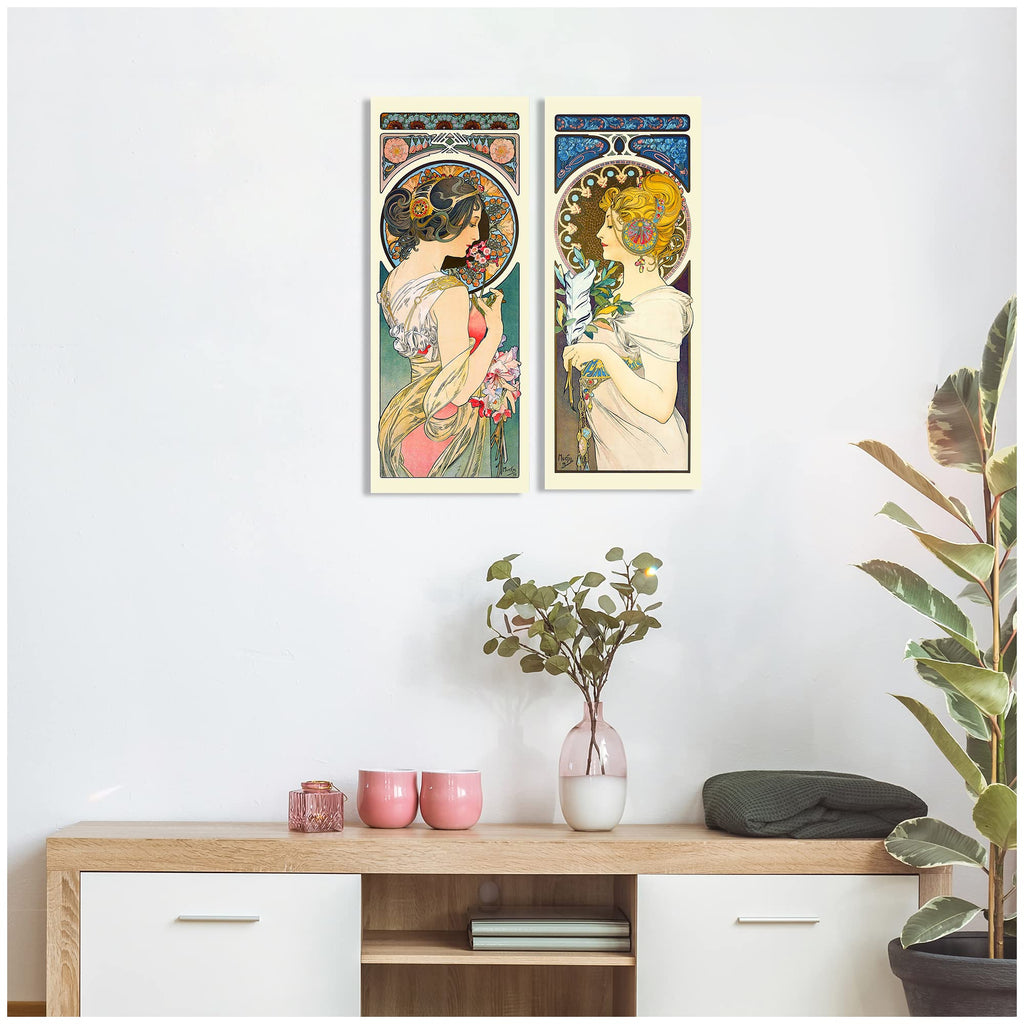 Alphonse Mucha (Primavera, Pluma) 2 Panel wall Art Decorations Giclee Print On Canvas 30x12inch x2pcs (30x24inch)