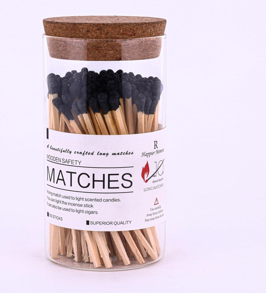 4'' Decorative Black Matches in a Glass Bottle, Safety Matches in a Jar with Striker, Match Holder - Set of 150