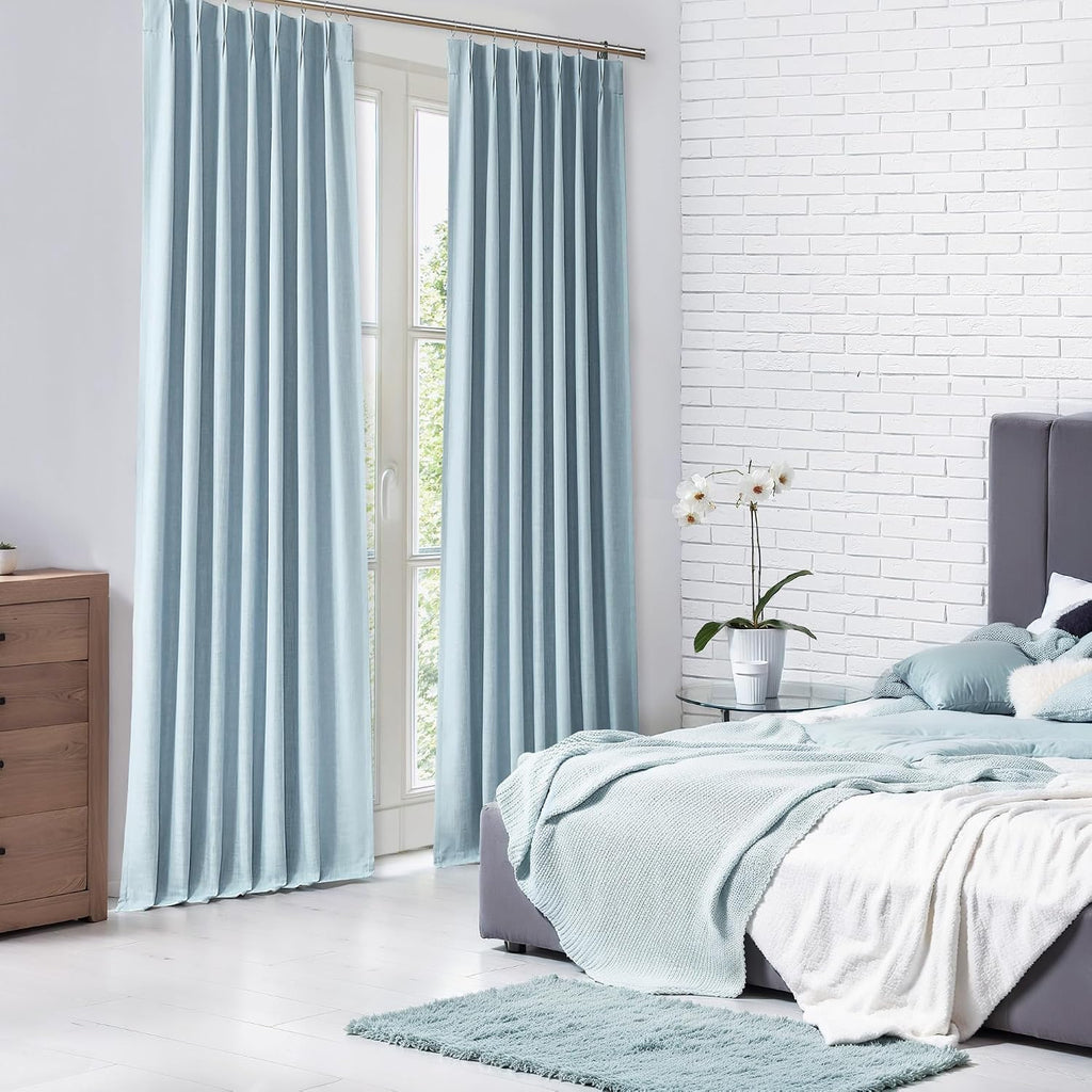 Dusty Blue Pinch Pleated Full Blackout Curtains Linen Texture Thermal Insulated Window Treatment Panel 84 Inch for