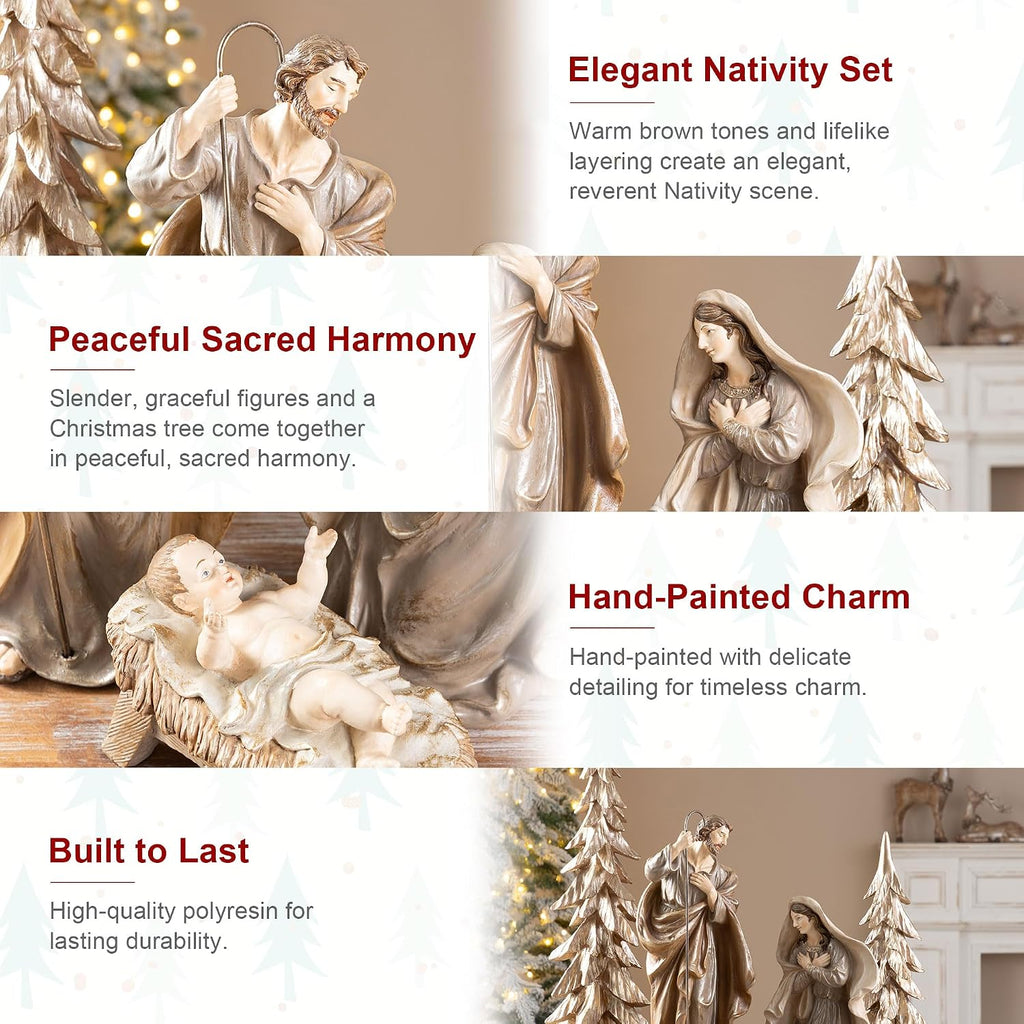 5-Piece Resin Nativity Set, Brown Resin Holy Family with Christmas Trees, Nativity Figurines Sets for Christmas