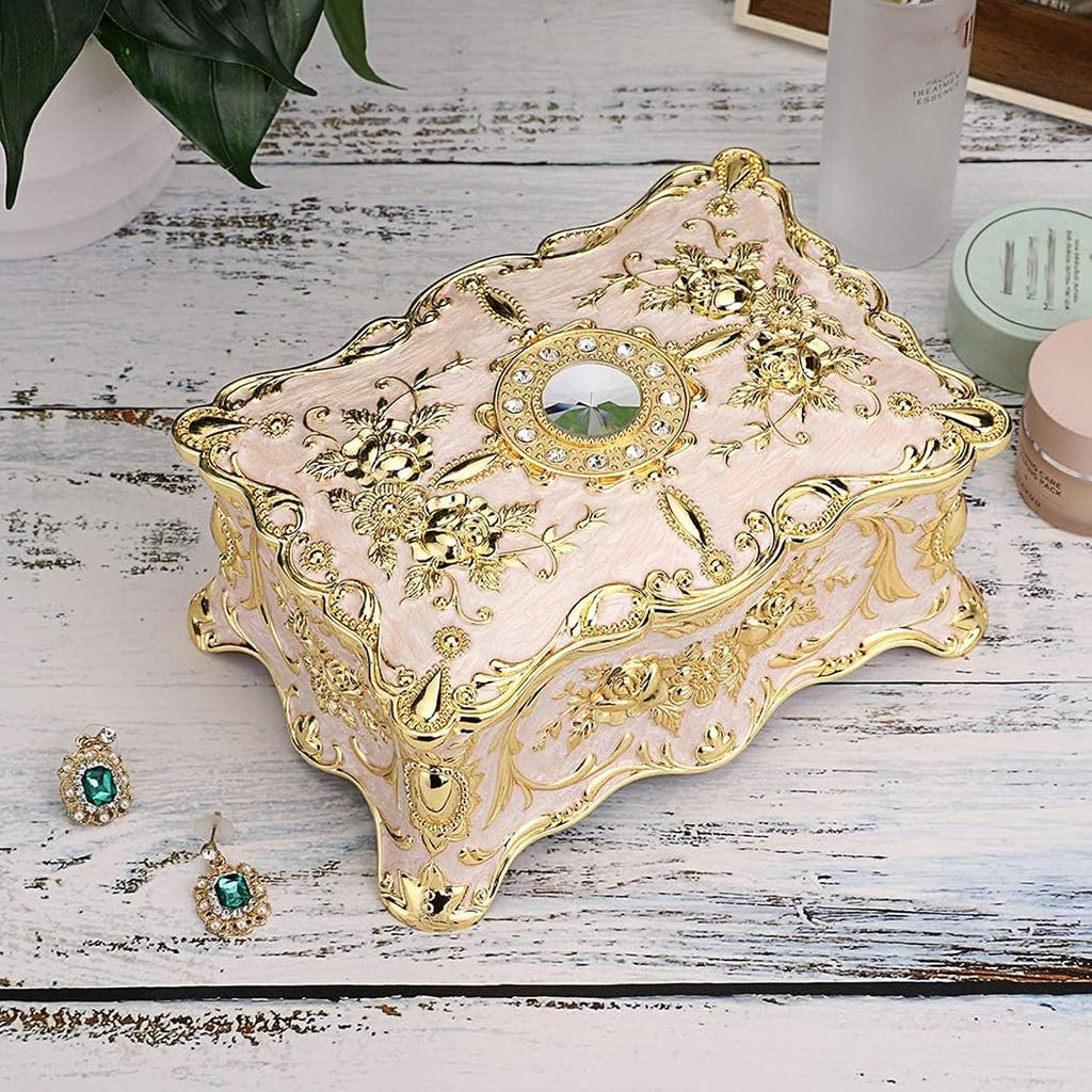 Vintage Metal Jewelry Box - Two Layer Large Trinket Organizer, Beige