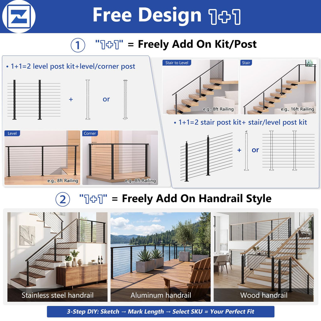 42" Modular Cable Railing Stair Post for Deck Porch, Surface Mount