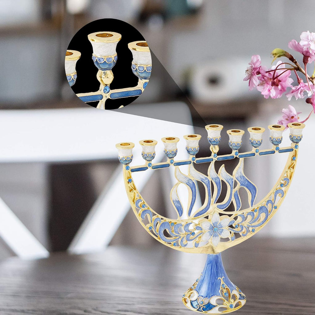 Hand Painted Enamel Candelabra with Flower and Hanukkah