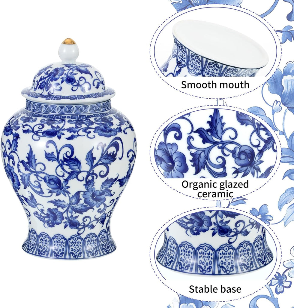 Small Chinoiserie Ginger Jar, 7.87 Inch Ceramic Blue and White Ginger Jar with Lid, Porcelain Ginger Jars Vase