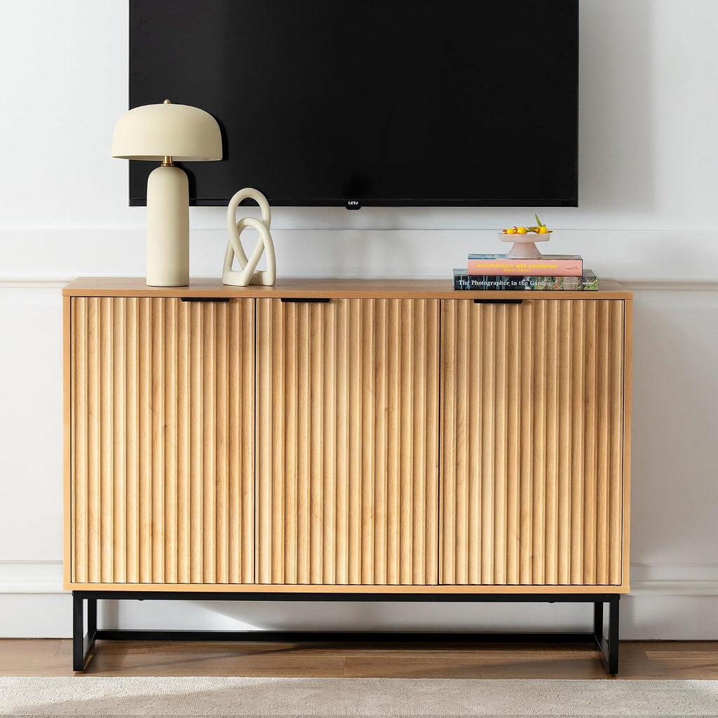 Fluted Storage Cabinet with 3 Doors, Sideboard Buffet Cabinets, Modern Accent Cabinets with Adjustable Shelves