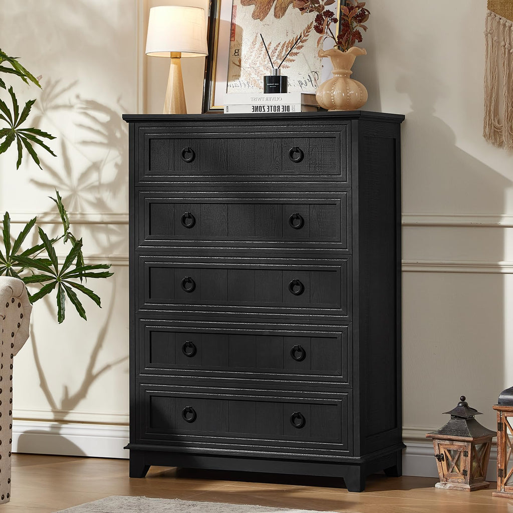 Farmhouse 5 Drawer Set of 2, 42" Tall Small Dressers & Chest of Drawers, Rustic Wood with Metal Handle, Storage