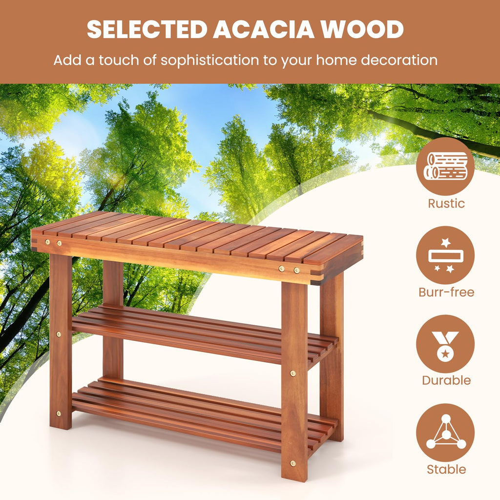 Acacia Wood 3-Tier Shoe Rack Bench, Walnut