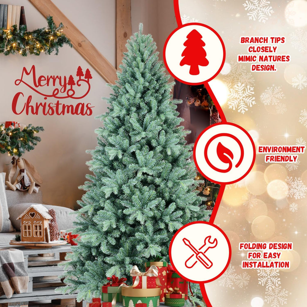 8FT Blue Spruce Artificial Christmas Tree, Premium Unlit Christmas Tree with 2458 PE/PVC Branch Tips, Memory Wire