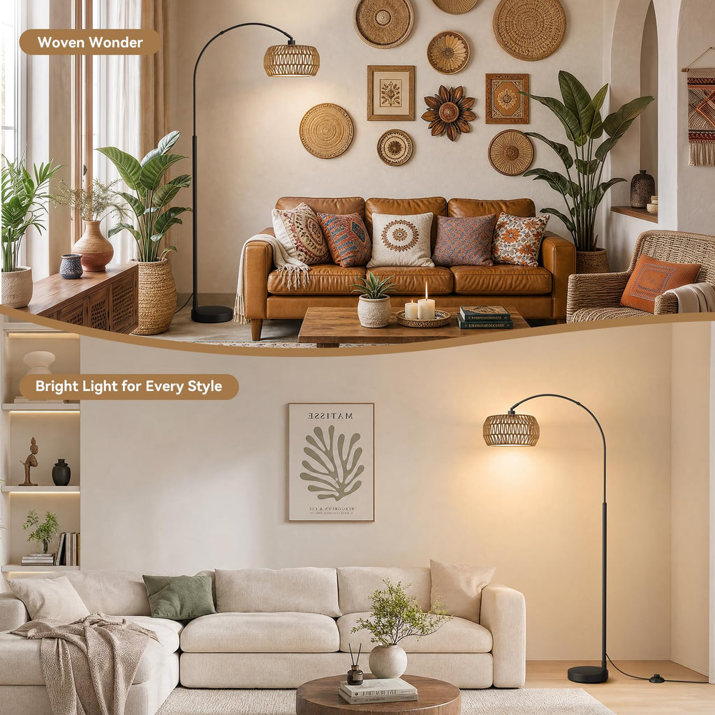 Boho Arc Floor Lamp, Color Temperatures and Brightness Adjustable